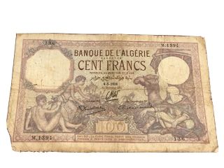 Algeria Algerie Tunisia Tunisie 100 Francs French Colony 1936 Rare Date