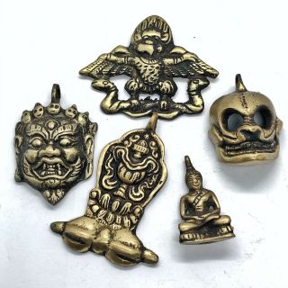 5 Old Nepal Tibetan Buddhist Brass Creatures Creepy Amulet Talisman Antique Old