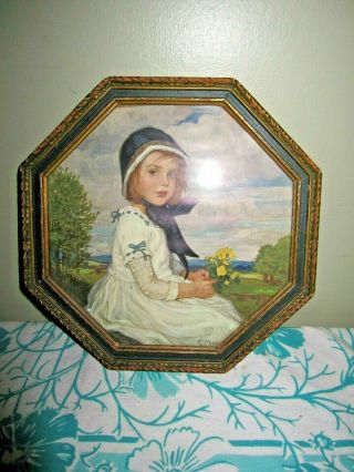 C.  Max Girl Print Octagonal Wood Blue Paint Framed W/glass Picture Vintage 1940 