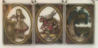 Alice In Wonderland,  White Rabbit,  And Cheshire Cat - 3 Unique Glass Panes