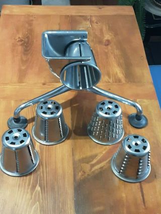 Vintage Saladmaster Food Processor Hand Crank W/ 5 Cones Slicer Grinder Grater