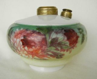Antique Victorian Hand Painted Floral Milk Glass Oil Lamp Font 2 Brass Collar
