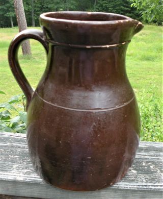 Antique Brown Stoneware Batter Jug Pitcher Farmhouse Primitive W/lid