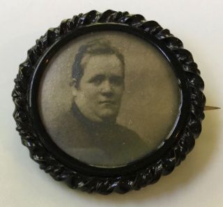 Victorian Mourning Brooch / Pin With Antique Photo 1.  25” Diameter
