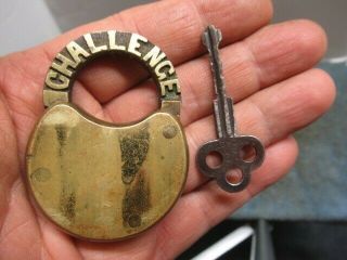 Rare & Unusual Old Brass Padlock Lock Marked Challenge With A Key.  N/r