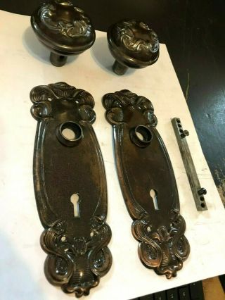 Set Antique Ornate Art Nouveau Craft Deco Brass Plated Steel Door Knobs Plates