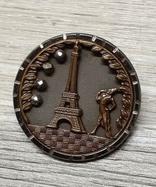 Antique Eiffel Tower Paris Metal Picture Button Cut Steel 1 1/16 " Vtg Rare