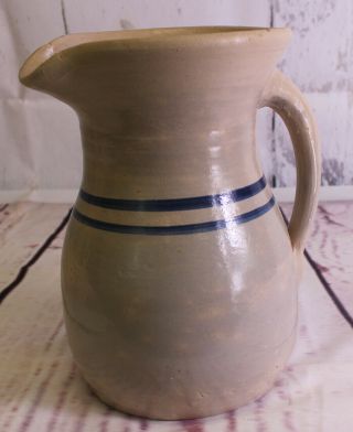 Vintage Stoneware Bisque Ware Pottery Crock Pitcher With Blue Stripes 10 " Tall