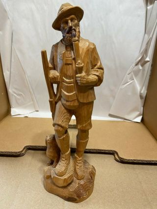 Vintage Wooden Carved Figurine Man Smoking Pipe With Dog Wood