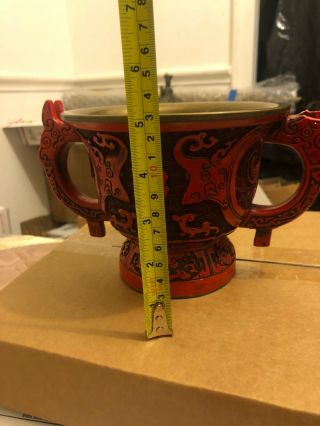 Vintage Chinese Export Carved Cinnabar Lacquer With Brass Cup Chips