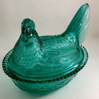 Vintage Westmoreland Glass Hen On Nest Teal Blue - Green Rare