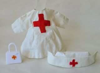 Vintage 1950 Handmade Ginny Doll Type Nurse Outfit Dress With Hat & Medical Bag