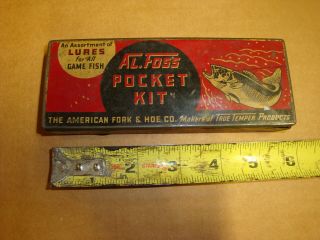 Vintage 1937 Al.  Foss Fork And Hoe Co.  Fishing Lure Tin Box Pocket Kit