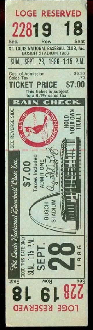 Ticket Baseball St.  Louis Cardinals 1986 9.  28 Chicago Cubs Rare Full