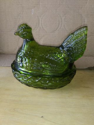 Rare Vtg L.  E.  Smith Glass Hen W/ 2 Chicks On A Nest Candy Dish W/ Lid Green