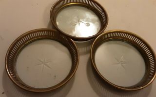 Set Of 3 Antique Star Glass Pattern Metal Rimmed Coasters