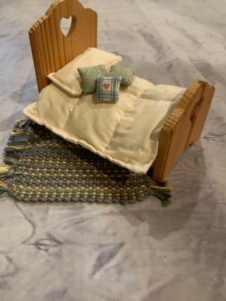 Vintage Miniature Dollhouse Furniture Wood Wooden Bed Bedding Carpet Pillows