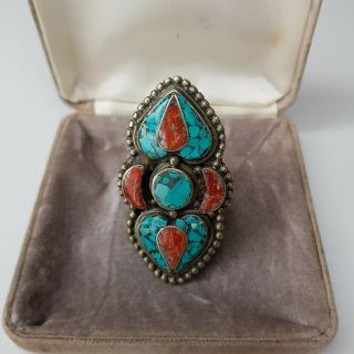 Rare Vintage Large Mosaic Tile Turquoise Red Silver Tone Ring Size S/t Gift