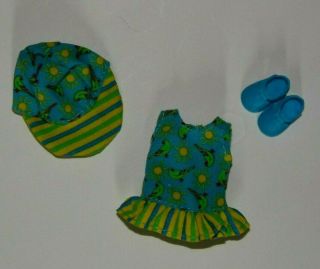 Vintage Kelly Doll Clothes Htf Teal & Green Bird Dress Hat And Shoes