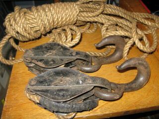 2 Antique Metal Double Block And Tackle Barn Pulley Set With Hooks & Rope