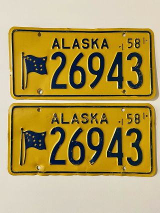 1958 Pre - Statehood Alaska License Plate Matched Pair 26943 Extremely Rare