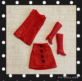 Barbie Doll,  Maddie Mod,  3 Pc Set,  Red Vinyl Vest/skirt,  Vintage From Hong Kong.