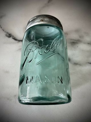 Antique 1910 - 1912 Ball Mason Pint Jar Aqua Blue Green Crude Zinc Lid 3