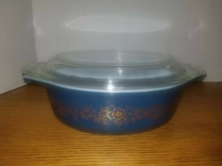 VINTAGE PYREX OVAL CASSEROLE BAKING DISH BLUE WITH GOLD FLOWERS RARE 1 1/2 QT 2