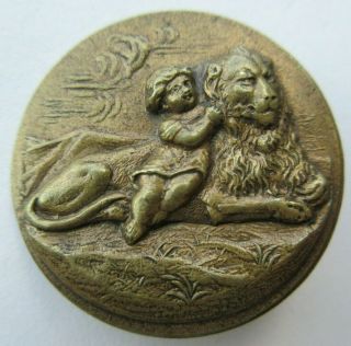 Spectacular Large Rare Antique Vtg Metal Picture Button Girl Child W/ Lion (b)