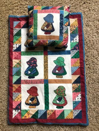 Vintage Handmade Mini Quilt And Pillow - Doll Bed 14 " X 22 " - Sunbonnet Sue