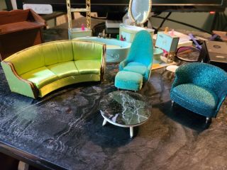 Petite Princess Living Room Set Green Satin Sofa Blue Chairs Round Coffee Table