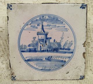 Antique 17th Century Pre 1700 Blue And White Delft Tile Castle Landscape