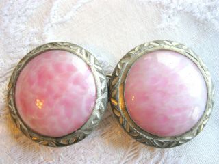 Art Nouveau / Arts & Crafts Carved Aluminum Pink Peking Art Glass Belt Buckle