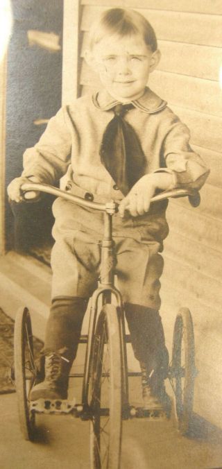 Antique Vintage C1920 Photo Little Boy In Buster Brown Suit Tricycle Trike Bike