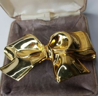 Rare Vintage Large Gold Tone Ribbon Bow Brooch Gift Costume Jewellery