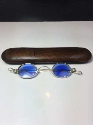 Antique Civil War Era Wire Glasses Sapphire Blue Lenses Carved Walnut Case Rare
