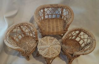 Vintage Sindy Doll Wicker Rattan Furniture Set - Love Seat,  2 Chairs,  & Table