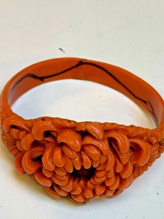 Rare Antique Art Deco 1930s Carved Orange Celluloid Coral Chrysanthemum Bangle