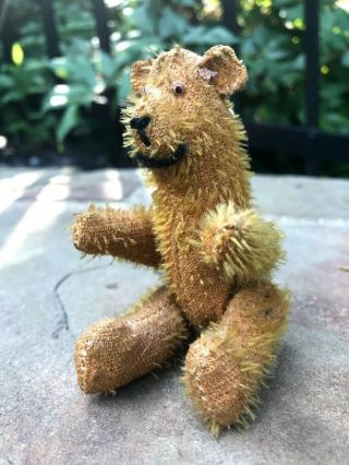 Vintage 4.  5 " Miniature Jointed Mohair Teddy Bear Glass Eyes; Cute Antique