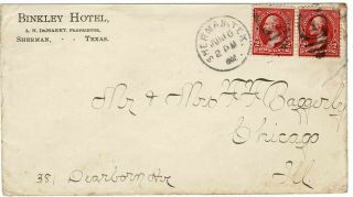 Extremely Rare 1902 Binkley Hotel (sherman,  Texas) Custom Envelope W/postmark