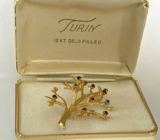 Vintage Signed Turin 12k Gold Filled Tree Of Life Birthstone Brooch Pin