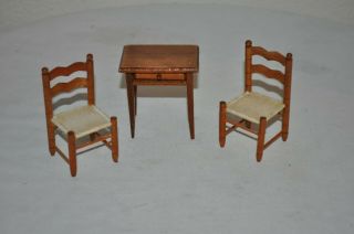 Vintage Wooden Miniature Dollhouse Desk With Drawer & 2 Cane Bottom Chairs Euc
