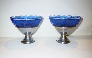 Rare Ice Cream Parlor Bowl Set - Antique Art Nouveau Cobalt Blue Lace Glass