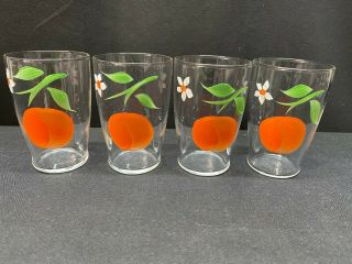 Set Of 4 Vintage " Orange " Juice Glasses 3 1/2 " Tall