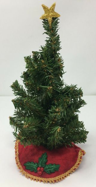 Vintage Dollhouse Miniature Christmas Tree W/ Felt Skirt Star On Wood Base