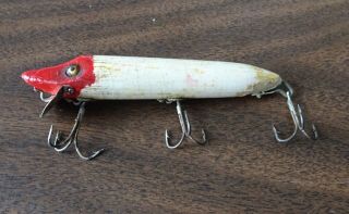 Vintage Heddon Vamp Fishing Lure Red Head/white Body,  Glass Eyes,  4 1/2 Inches