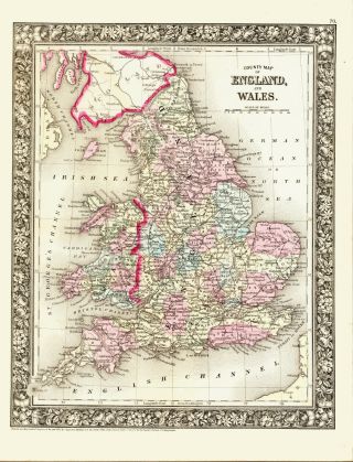 1860 Mitchell Hand Colored County Map Of England & Wales