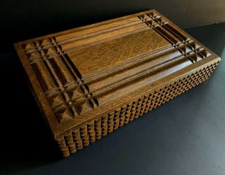 Vintage Machine Carved Wood Cigar Box Or Hinged Storage Box