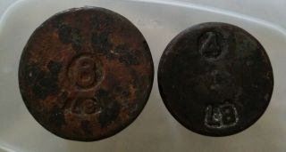 Matching Set Of 2 Vintage Black Cast Iron Scale Bakery Weights - 8 Lbs.  & 4 Lbs.