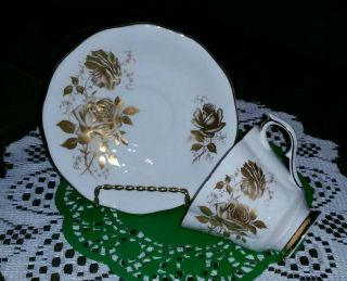 Vintage Gold Footed/fluted Cup & Saucer Bone China Queen Anne Gold Roses Rare